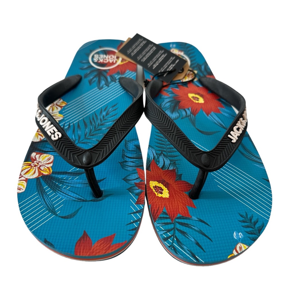 JACK &‎ JONES Mens Logo Flip Flops Sandals Black Summer Beach Shoes Size 7/8 New